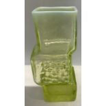 Whitefriars style green glass vase drunken bricklayer design, 20.5cms