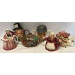 Collection of 6 Tony Wood teapots inc Sherlock Holmes, Mad Hatter. 2 x old ladies and 2 others.
