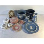 Wedgwood pottery, blue and pink Jasperware pottery clock and trinket boxes (12)