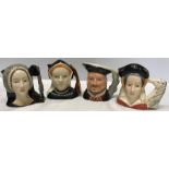 Collection of 4 Royal Doulton character Toby jugs, Henry VIII and 3 of his wives, Ann Boleyn, Jane