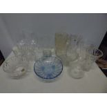 Glassware selection, lead crystal and moulded glass vases, bowls, basket and drinking glassware.