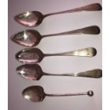 Five various mainly Georgian silver teaspoons, 65.5gms