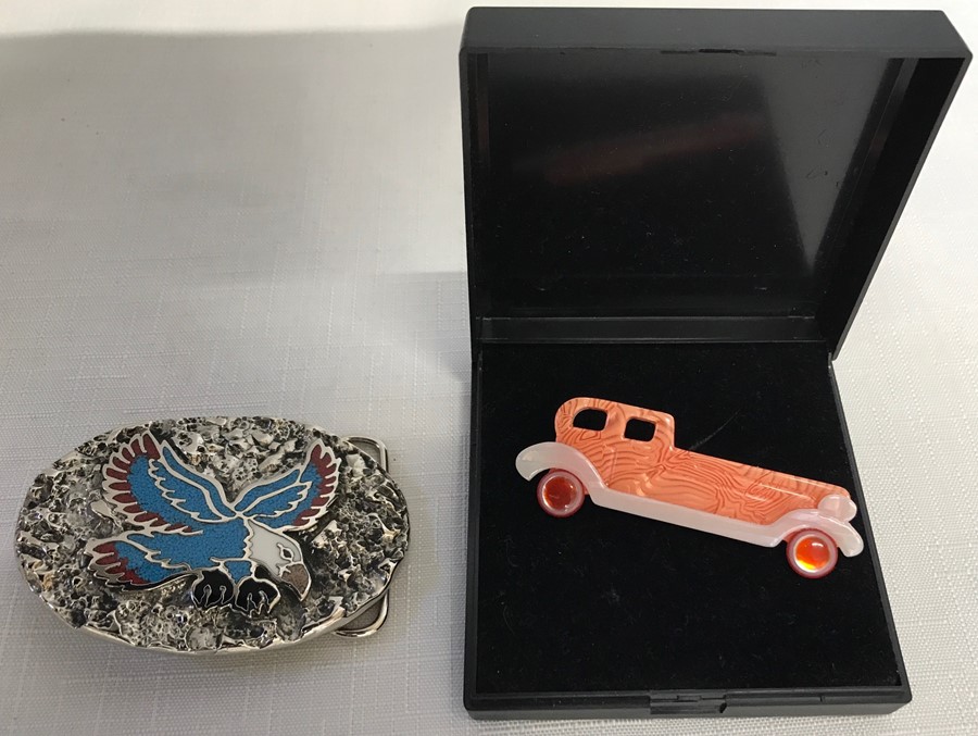 Lea Stein, Paris. pin brooch vintage car, 7cms w and S.S.I handcrafted USA belt buckle 8cms x 5.