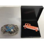 Lea Stein, Paris. pin brooch vintage car, 7cms w and S.S.I handcrafted USA belt buckle 8cms x 5.