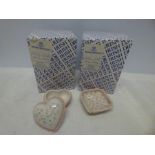 Irish Dresden, delicate lace pottery, 4173 Pink Heart Shape Box and 4144 Pink Ring Tray. As new,