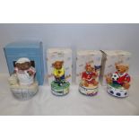 Schmid pottery musical boxes, Beatrix Potter Mrs Tiiggy Winkle, Golf, Football and Sports bears.