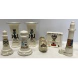 Collection of crested ware, 3 lighthouses, a boot, fireplace and pair of vases.