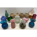 Collection of 15 coloured glass vases, tallest 19cms, smallest 9cms including 4 Mdina glass.