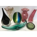 Coloured glassware, pink vases, tallest 24.5cms. Bubble vase 21cmsand ashtray, glass teardrop and