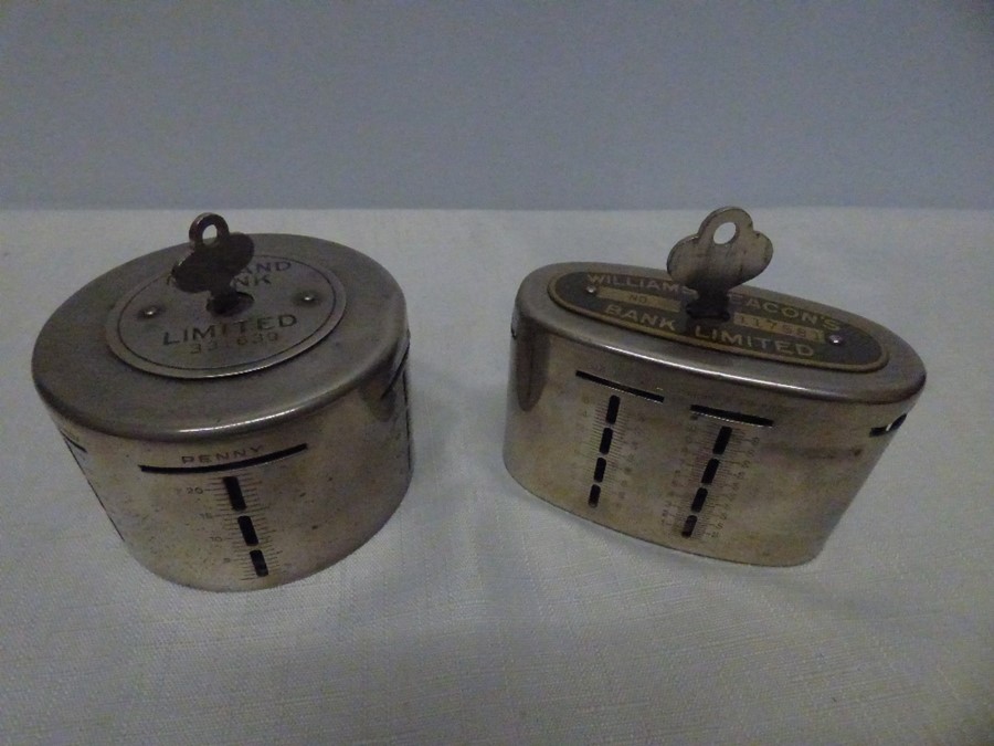 Vintage Midland Bank and Williams Deacons Bank money saving boxes with keys and coins.