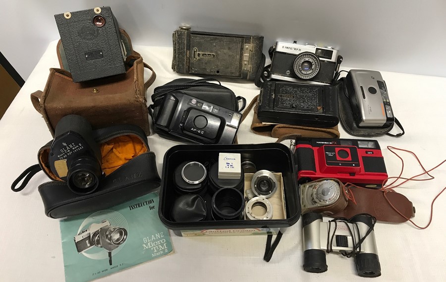 Selection of vintage cameras, including Glanz Micro T-M, Kodak Vest pocket and No 20 box camera,