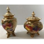 Two Royal Worcester fruit painted pot pouri jars, 1 signed J.Freeman with top a/f, 11cms h, other