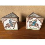 Pair of hand painted pottery bookends depicting The Cook, The Pardoner, The Reeve and The Franklin.
