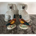 Two 19thC dogs, 12cms h with two ceramic pheasants, good condition.