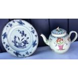 An 18thC creamware teapot a/f together with an 18thC Chinese plate a/f 22.5cms d.