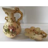 Royal Worcester hand painted and gilded jug, 21cms h together with Royal Worcester dish, small