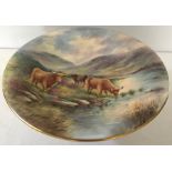 Royal Worcester cake stand signed E. Townsend depicting highland cattle, 24cms d, good condition