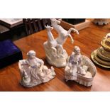 THREE PIECES OF SPANISH PORCELAIN, ornamental items, includes; (i) Two Horses, (ii) A Lady by a Well