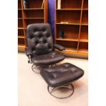 AN ‘EKORNES STRESSLESS ORIGINAL’ RECLINER, Norwegian, with footstool, Mid Century Modern style,