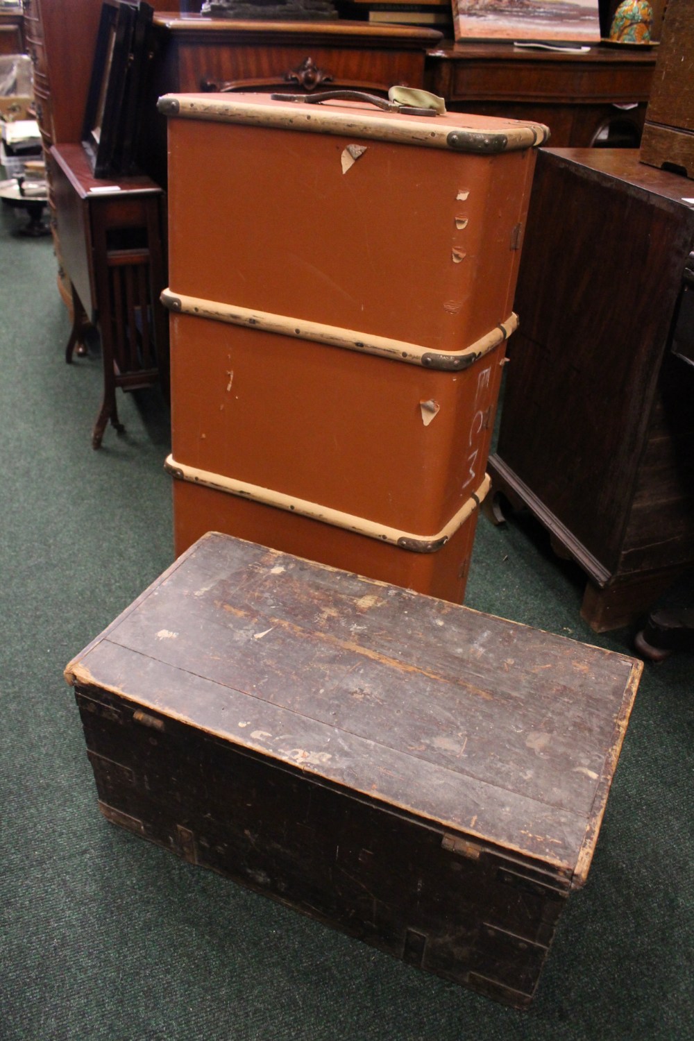 A WOODEN HINGED LID BOX WITH A LARGE SUITCASE, the suitcase bound with metal and bentwood, with