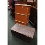 A WOODEN HINGED LID BOX WITH A LARGE SUITCASE, the suitcase bound with metal and bentwood, with