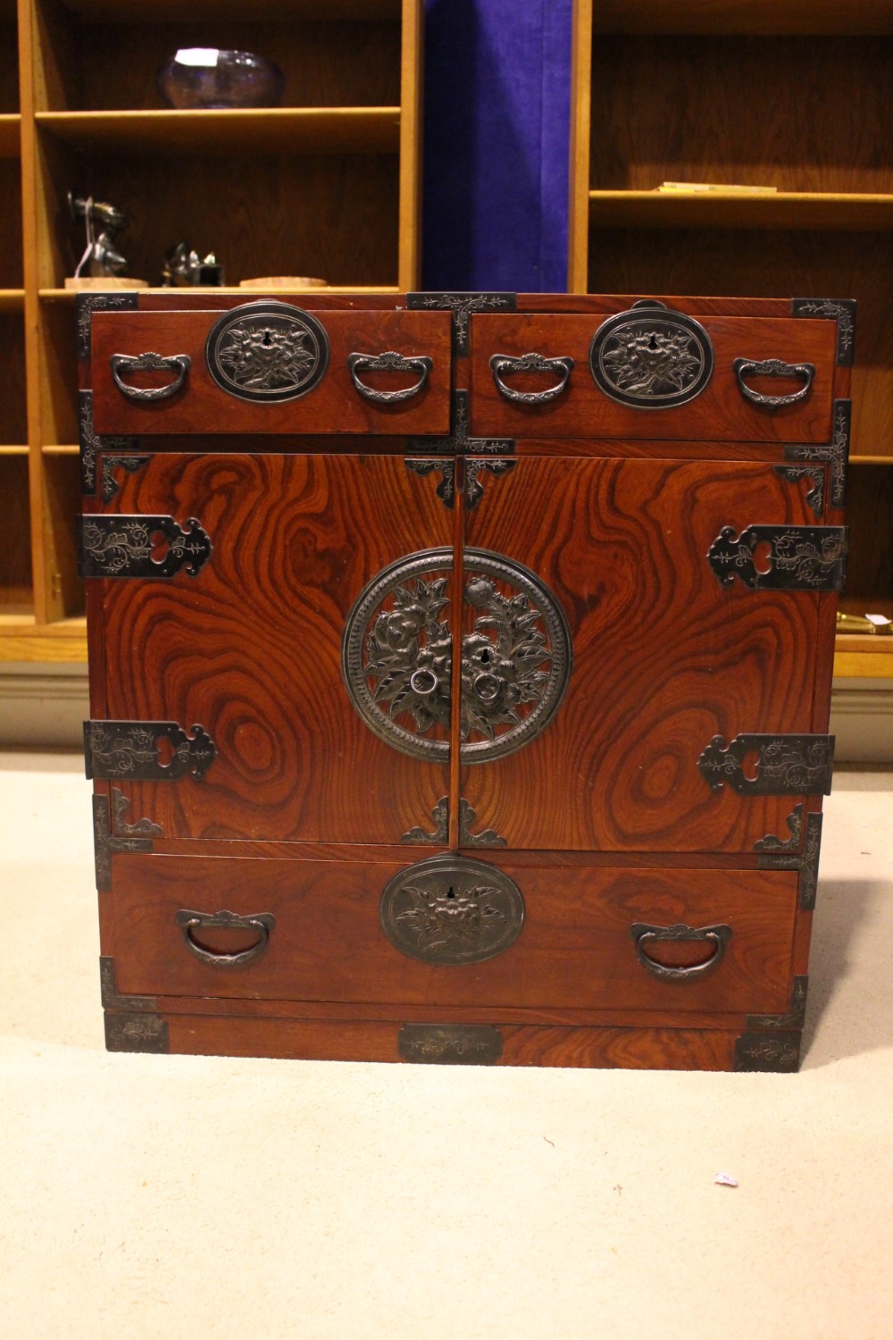 A JAPANESE 'SENDAI TANSU' CHEST, 20TH CENTURY, possibly Zelkova, with metal banding and mounts,