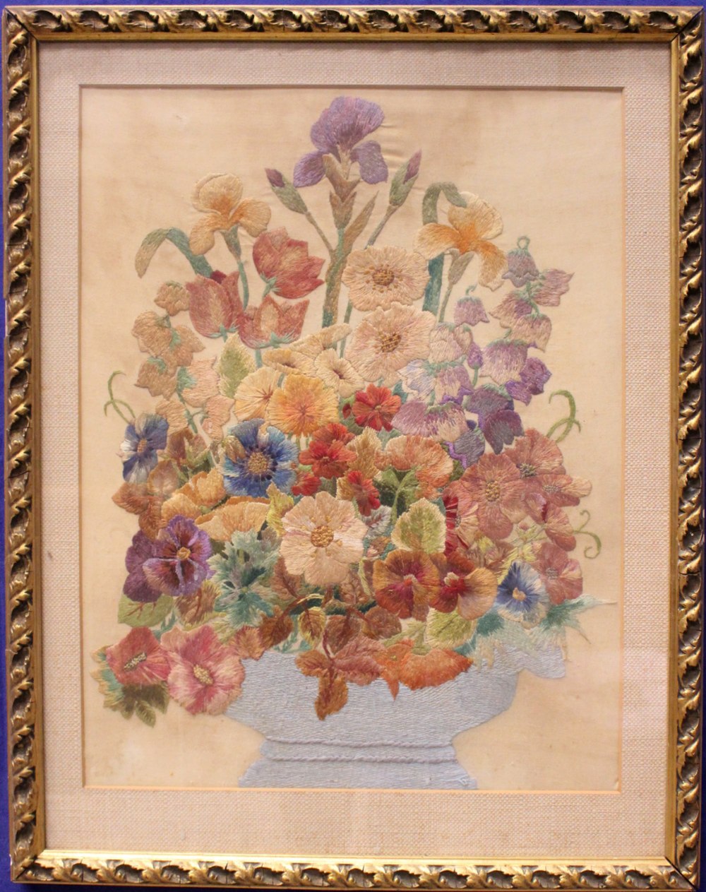 EARLY 20TH CENTURY FRAMED SAMPLER, "STILL LIFE FLOWER", embroidered picture, 21" x 16" approx