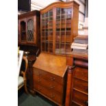 EARLY 20TH CENTURY SATINWOOD BUREAU BOOKCASE, MAPLES & CO. with shaped top & glazed doors over