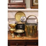 A MIXED LOT OF ITEMS, includes; (i) A brass fire bucket, (ii) A brass & copper Tazza dish, (iii) A