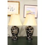 A PAIR OF TABLE LAMPS, with floral & dragon fly design, ceramic bases & shades