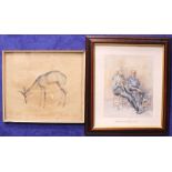 TWO FRAMED PRINTS, (i) AFTER JOHN RATTENBURY SKEAPING, "YOUNG BUCK", 15" x 12" approx print, 16.5" x