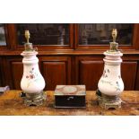 PAIR OF PORCELAIN LAMPS ON VERY FINE ORMOLU GILDED BASES with floral decoration, 18" high approx