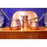 A COLLECTION OF COPPER ITEMS, includes; (i) A Newlyn copper serving tray with twist handles,