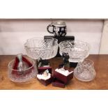 A MIXED LOT OF ITEMS, includes; some cut glass centre bowls, ornaments, pewter bottle corks, a