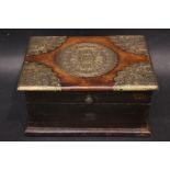 A BRASS BOUND HAND MADE BOX, with hinged lid, 9" x 6" x 4.5" approx