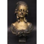 A CAST BRASS BUST OF A LADY, 16" x 9.5" x 5" approx