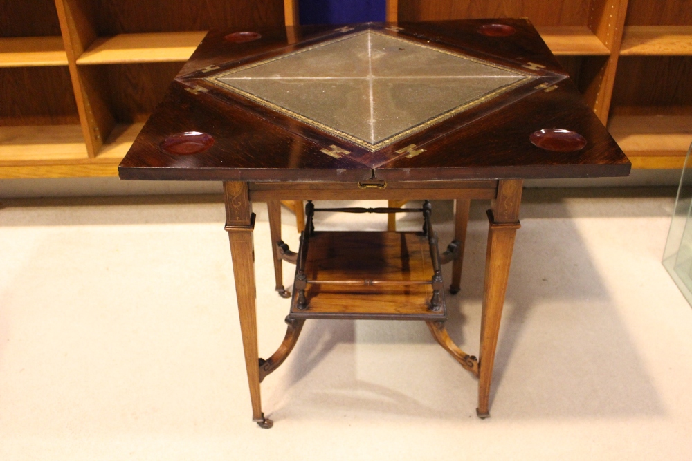 A VERY FINE EDWARDIAN FOLD OVER 'ENVELOPE' CARD / GAMES TABLEL, with inlaid detail throughout, the - Image 4 of 7