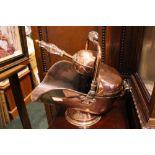 COPPER HELMET SHAPED COAL SCUTTLE WITH MATCHING SHOVEL & GLASS HANDLES