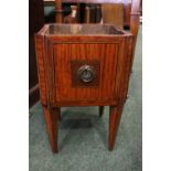 A MAHOGANY & SATINWOOD CROSSBANDED OCTAGONAL WINE COOLER, with lead lined interior, standing on