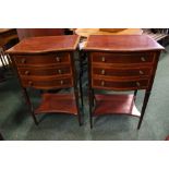 PAIR OF EARLY 20TH CENTURY MAHOGANY & SATINWOOD INLAID SERPENTINE FRONTED THREE-DRAWER CABINETS with