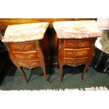 PAIR OF KINGWOOD AND ORMOLU MOUNTED SERPENTINE FRONTED THREE-DRAWER CHESTS, with marble top &