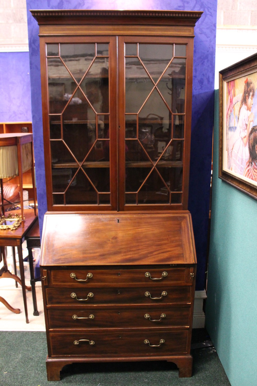 A VERY FINE EDWARDIAN MAHOGANY & INLAID BUREAU BOOKCASE, with astragal glazed two door cabinet, over