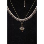 A 9CT GOLD PENDANT CHAIN, with seed pearls & pink cut stones to the pendant, with another