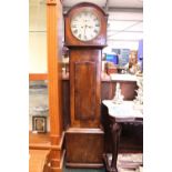 A MAHOGANY CROSSBANDED GRANDFATHER CLOCK, with weights & pendulum, raised on bracket feet, 78" x