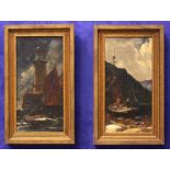E. ELLIS, A PAIR OF WORKS, (i) "THE LIGHTHOUSE", (ii) COMING ASHORE", both oil on canvas, both