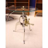 AN ADJUSTABLE GLASS & CHROME TABLE, UNUSUAL, with glass top & adjustable mechanism to base, standing