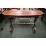 A MIXED WOOD SIDE / SOFA TABLE, with demi lune top, raised on a pair of pierced shaped pod supports,