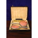 A CASED LADY'S DRESSING SET, silver plated, includes brush, mirror and comb, 9" x 11.5" x 3"