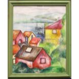 20TH CENTURY, IRISH SCHOOL, "LANDSCAPE WITH HOUSES", watercolour on canvas, unsigned, 23" x 18.5"