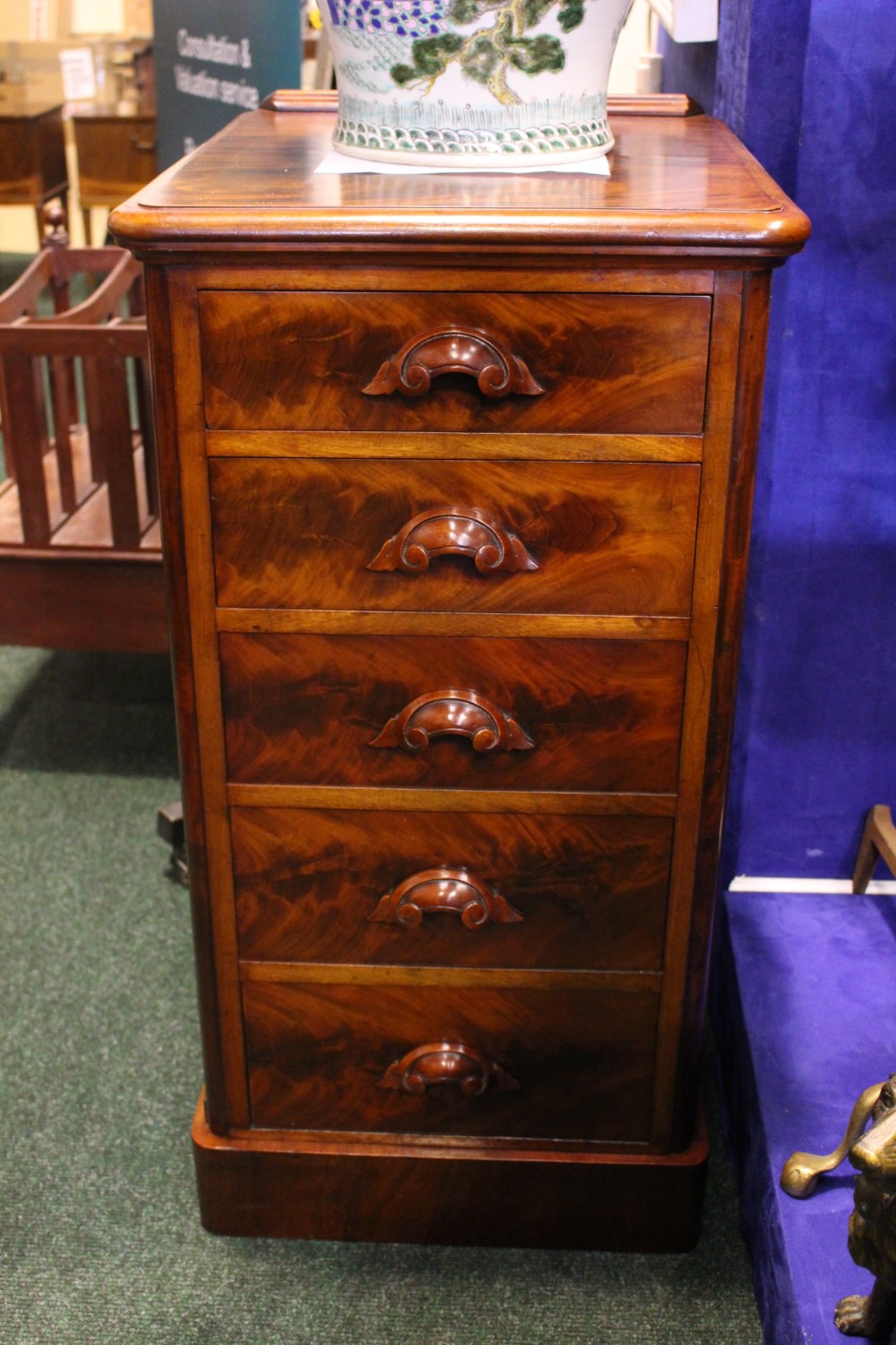UNUSUAL & FINE PAIR VICTORIAN FIVE DRAWER CHESTS WITH GRADUATED DRAWERS, having carved handles,